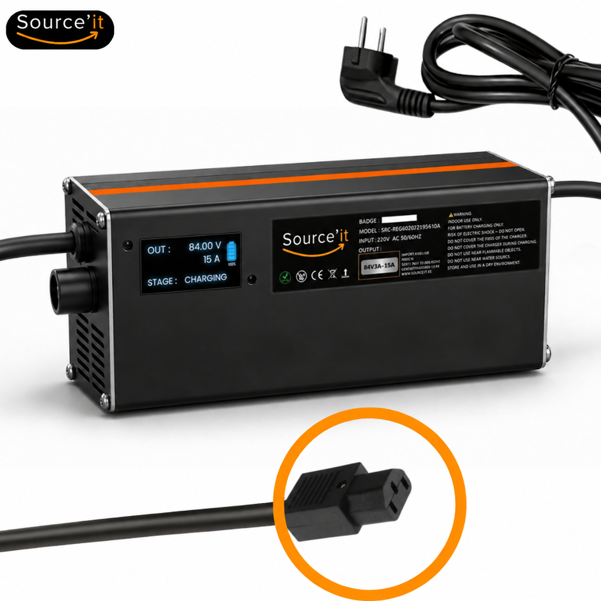 Chargeur Ultra Rapide Réglable Moto Électrique EBROH Bravo GLE 72V-84V 15A avec connecteur original Ebroh – Source’IT