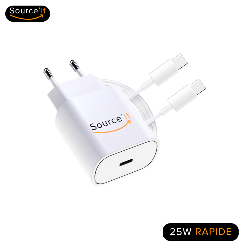 Chargeur rapide 25W pour iPhone 15 Pro Max - USB-C - Source'IT
