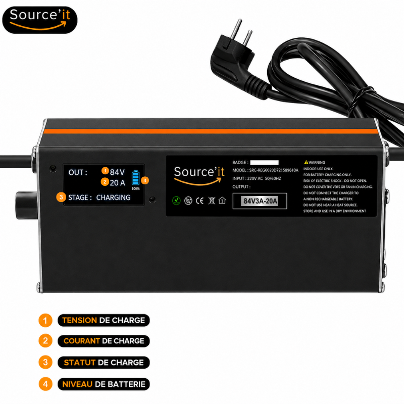 Écran OLED du chargeur batterie EBMX 72V 84V 20A réglable – tension, courant et niveau de batterie