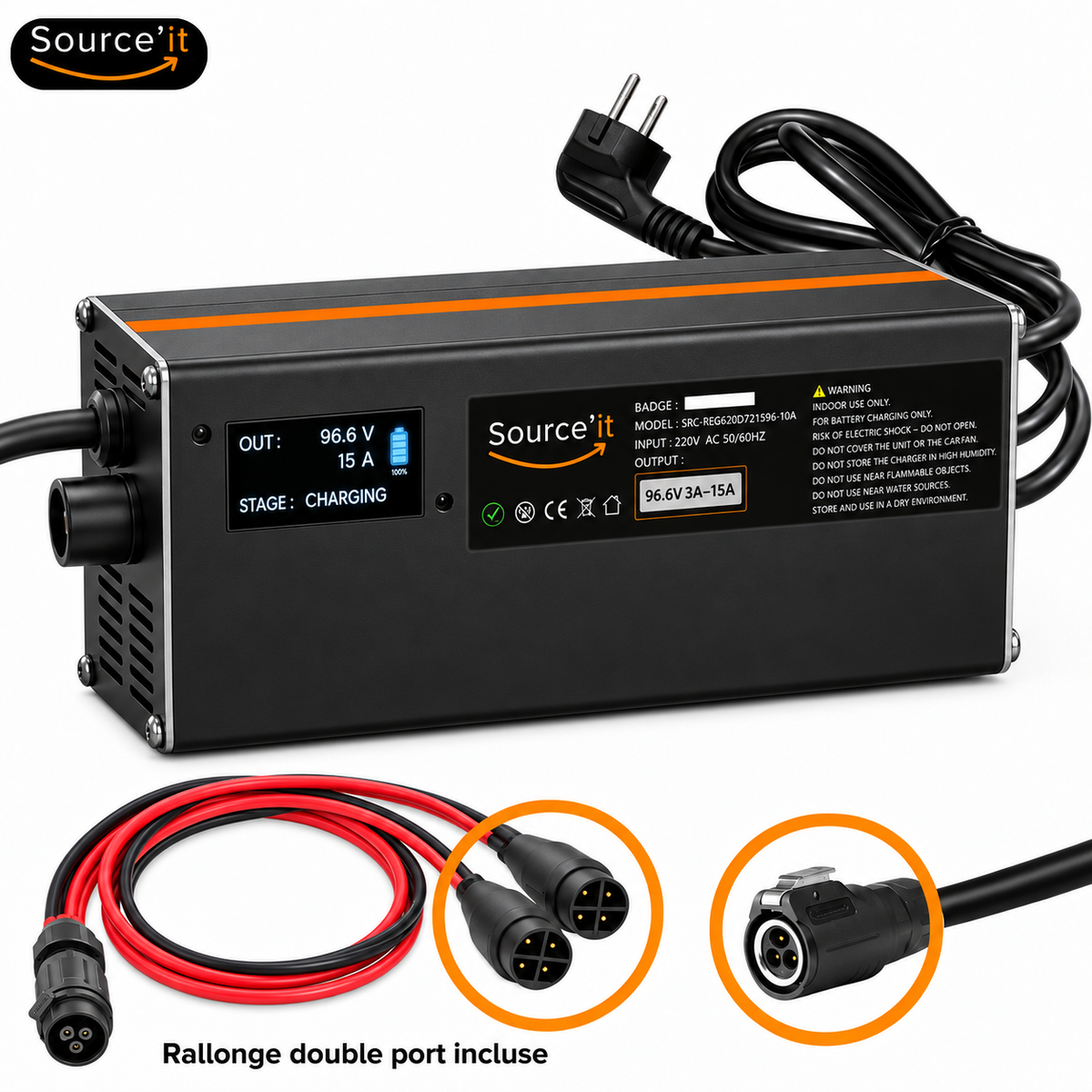 Chargeur réglable LANGFEITE 84V 15A avec rallonge double port incluse - Source'IT
