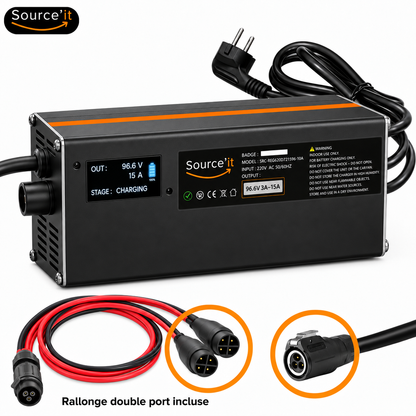 Chargeur réglable LANGFEITE 84V 15A avec rallonge double port incluse - Source'IT