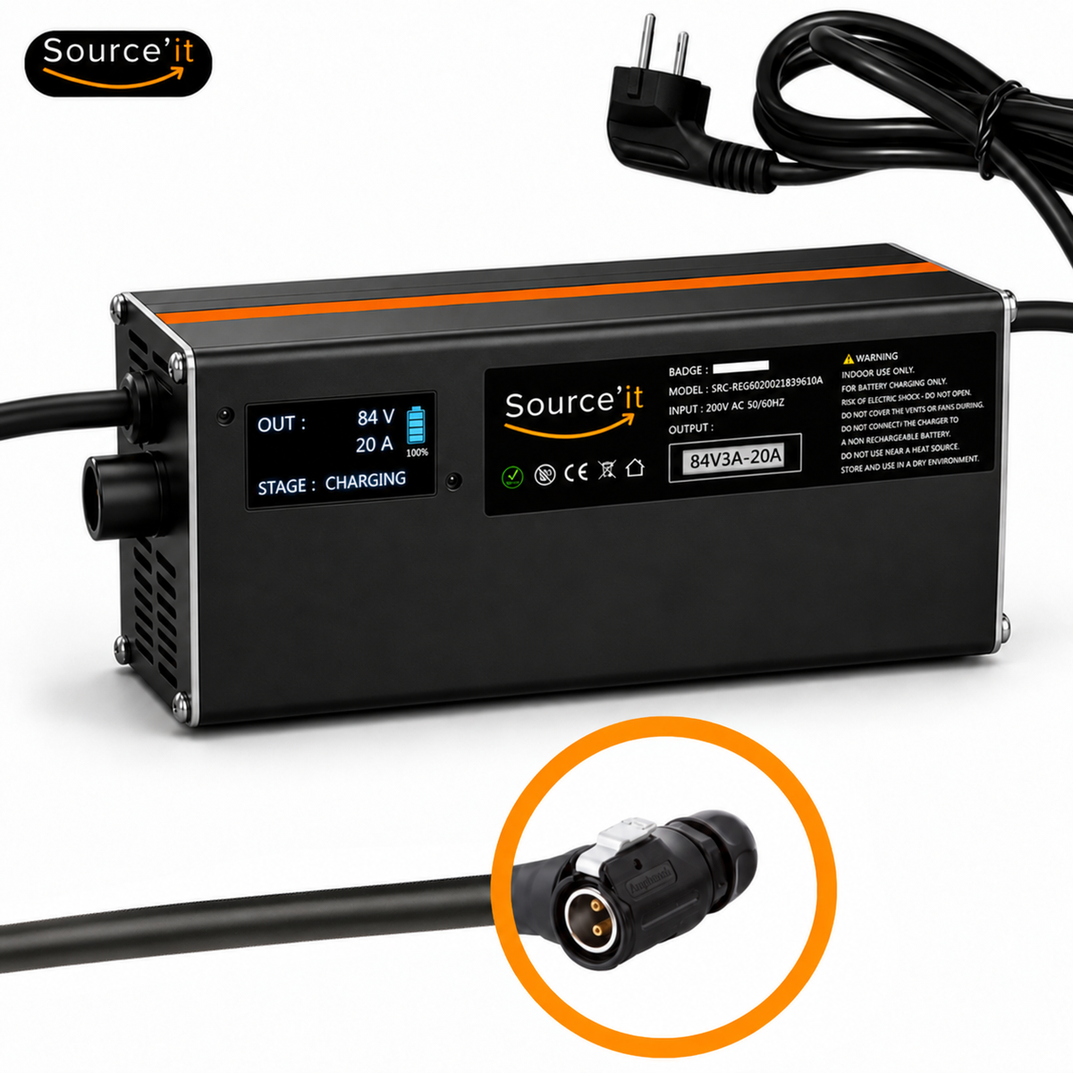 Cargador ultrarrápido ajustable Sur-Ron Light Bee Custom 72V-84V 20A conector LP20 2 pines - Source'IT