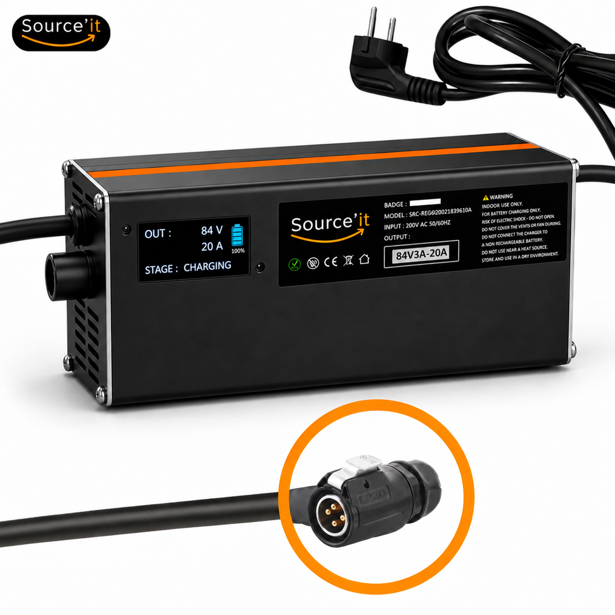 Cargador ultrarrápido ajustable Sur-Ron Light Bee Custom 72V-84V 20A conector LP20 4 pines - Source'IT