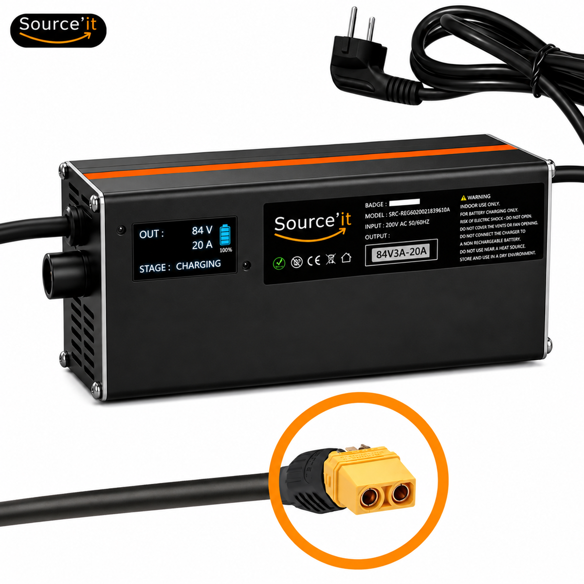 Cargador ultrarrápido ajustable Sur-Ron Light Bee Custom 72V-84V 20A conector XT60 - Source'IT